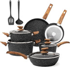 DishDelight Induction Pots and Pans Set Non Stick, 12 Piece Nonstick Kitchen Cookware Sets, Nonstick Granite Cooking Set Induction Pots and Pans, Induction Cookware Sets with Frying Pans, Black
