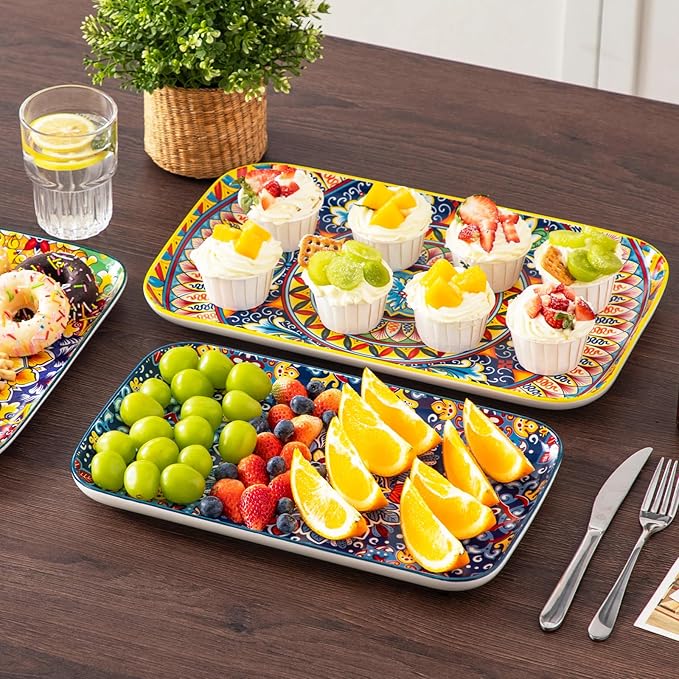 vancasso Serving Platters Set of 3, 16"/14"/12" Inch Rectangular Trays - Serving Platter Extra Large, Bohemian Ceramic Serving Dish for Entertaining Food, Microwave & Dishwasher Safe, Vintage