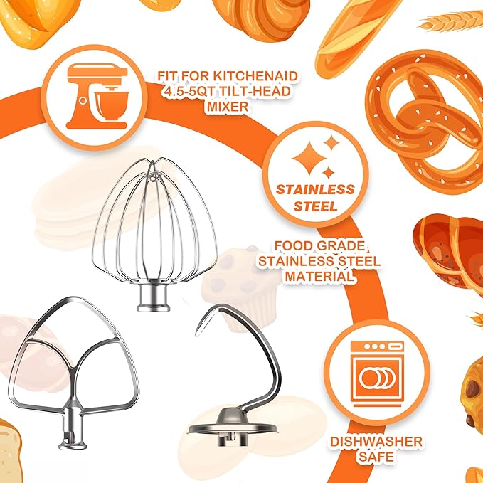 3-Piece Set Mixer Accessories for KitchenAid 4.5QT Tilt-Head Stand Mixers – K45WW, K45DH & K45B Replacement, All Stainless Steel, Dishwasher Safe