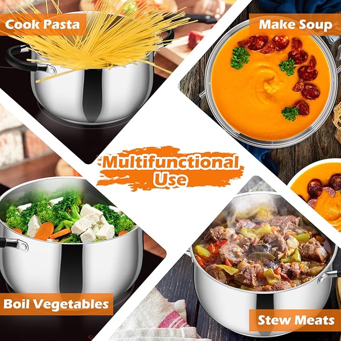 P&P CHEF Stainless Steel Stock Pot, 8 Qt Cooking Soup Pot with Visible Lid for Pasta, Tri-Ply Bottom & Dual Heatproof Handles, For Induction Gas All Stoves, Non-Toxic & Dishwasher Safe