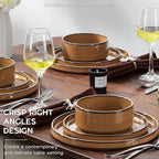 Stoneware Dinnerware Sets for 4, Onader Plates and Bowls with Unglazed Terracotta Bottom, Elegant Kitchen Ceramic Dish Dishware Set, Reactive Glaze 12 Piece - Earthy Umber