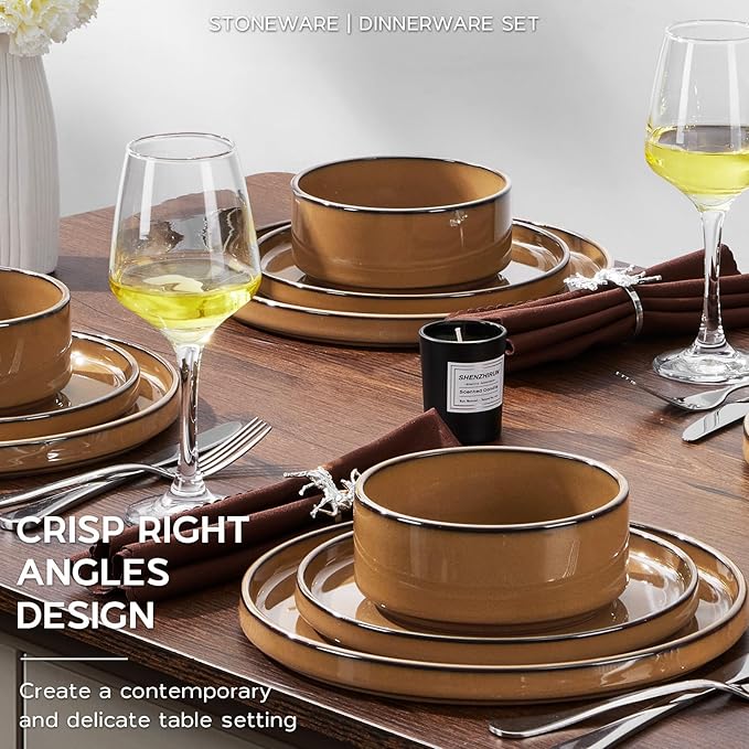 Stoneware Dinnerware Sets for 4, Onader Plates and Bowls with Unglazed Terracotta Bottom, Elegant Kitchen Ceramic Dish Dishware Set, Reactive Glaze 12 Piece - Earthy Umber