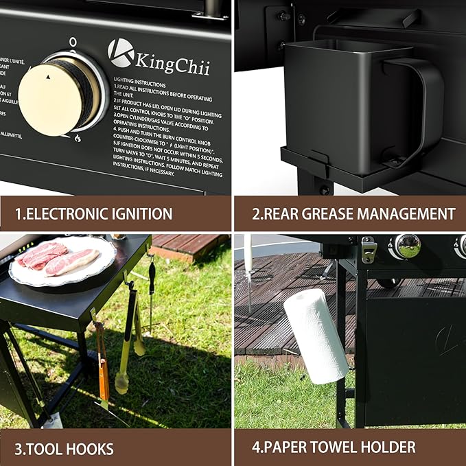 KingChii 28" 3-Burner Griddle with Counter Height Side Shelves, Powder Coated Steel, Black