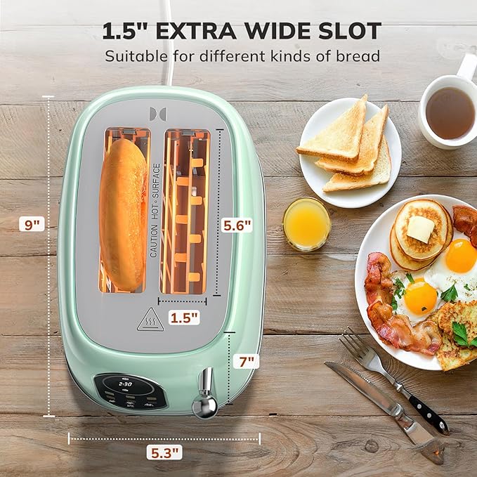 Keenstone Smart Touch Screen Toaster 2 Slice, Retro Wide Slot Stainless Steel Toaster with 6 Browning Levels, Reheat & Defrost, for Bagel, Toast, Bread, Removable Crumb Tray, Green