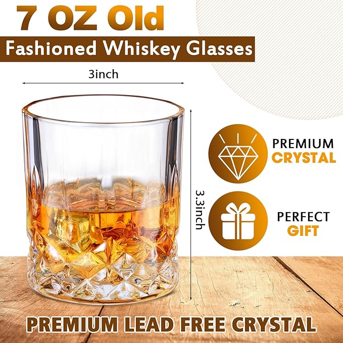 Yaomiao 12 Pcs Old Fashioned Whiskey Glasses Bulk 7 Oz Heavy Base Bourbon Glass Cocktail Rocks Glasses for Whiskey Bourbon Liquor and Cocktail Drinks Gift