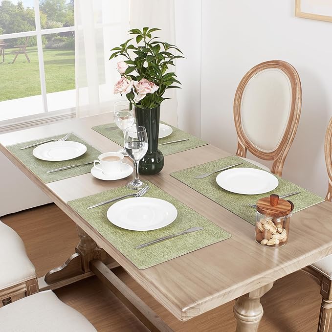 Softalker Vinyl Placemats Set of 8 - Faux Leather Heat Resistant Place Mats, 100% Waterproof Oilproof Wipe Clean Table Mats for Indoor & Outdoor Use, 17’’×12’’, Grass Green