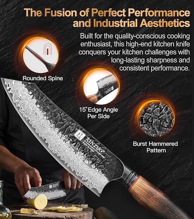 XINZUO 7.6 Inch Sharp Damascus Santoku Knife,Professional 67 Layers Damascus Steel Kitchen Meat Knife for Home and Kitchen,10Cr15CoMoV Steel Core,With White Oak + Red G10 Gasket Handle