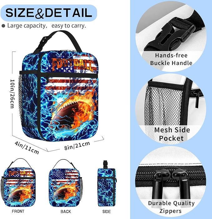 American Football Lunch Bag for Boys Insulated Reusable Football Lunch Box Portable Waterproof Leakproof Footballs Lunch Tote Bag Boy Lunch Box for School Picnic Travel Back to School Gifts
