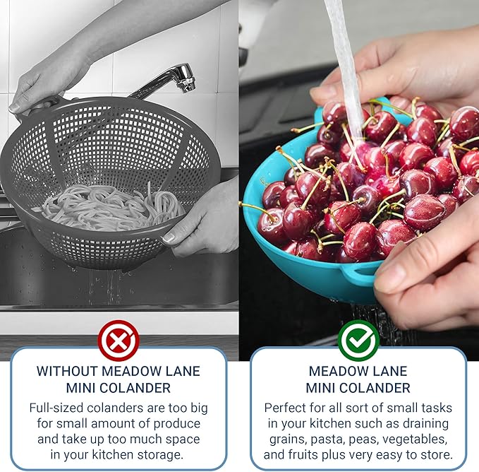 Meadow Lane 6-inch Small Colander, BPA-Free, Dishwasher Safe, Double Handles, Compact Food Strainer for Berries, Veggies and Pasta, 3-Cup Capacity, Light Blue