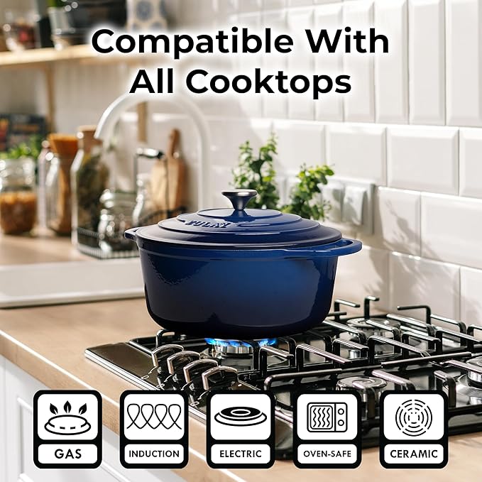 Zulay Kitchen 5 Quart Enameled Cast Iron Dutch Oven with Lid,Silicone Trivet & Heat Pad – Premium Durability & Oven Safe up to 500°F – Heavy Duty Cookware Perfect for Bread Baking, Stews, Braising & Roasting – Blue