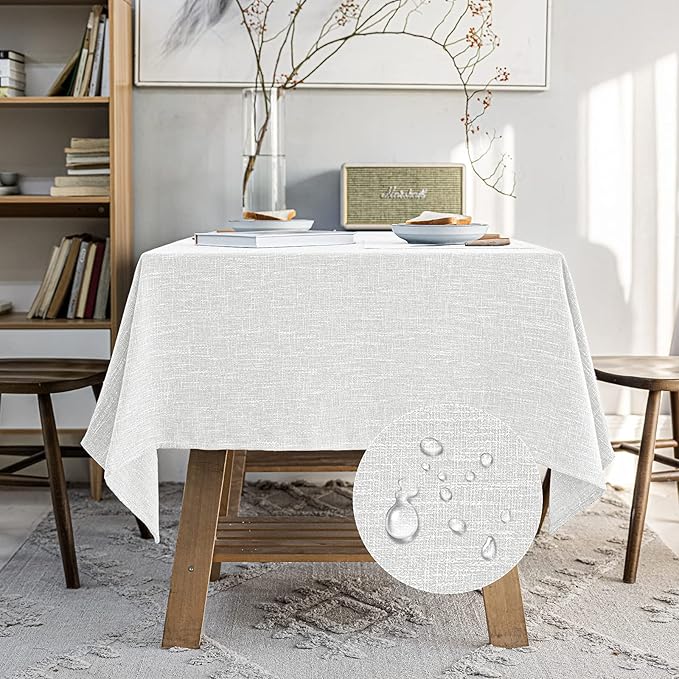 Waterproof Linen Thick Tablecloths Rectangle Dining Table Cloths, Extra Wide Wipe Clean & Water Resistant Table Cover for Kitchen Party and Banquets, Washable（70"x110" White）