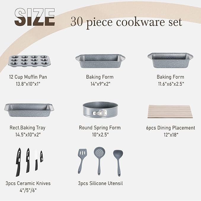 Kitchen Academy Induction Cookware & Bakeware Set - 30 Piece Grey Granite Cooking Pans Set, Non Toxic Pots and Pans Set Non Stick