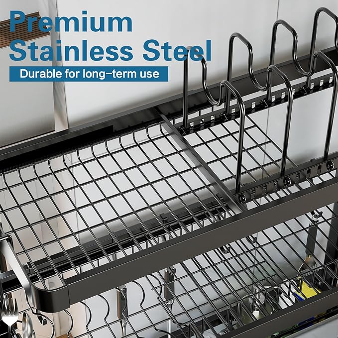 Over The Sink Dish Drying Rack,3 Tier Adjustable Length Full Stainless Steel Large Storage Kitchen Dish Rack,for Kitchen Counter Expandable Multifunctional Organizers,Silver (25.5'' to 37.6'')