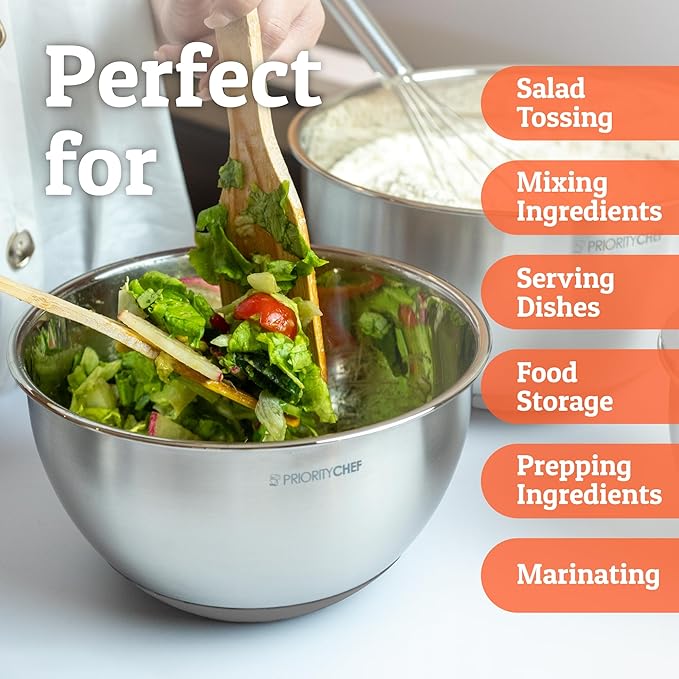 Priority Chef Premium Mixing Bowls With Airtight Lids Set, Thicker Stainless Steel Mixing Bowl Set, Large Prep Metal Bowls with Lids, Nesting Bowls for Kitchen, 1.5/2/3/4/5 Qrt, Grey