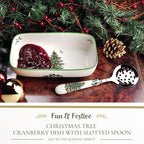 Spode Christmas Tree Cranberry Sauce Serving Dish with Slotted Spoon (8"x 4.25") - Rectangular Holiday Server with Holiday Motif - Dishwasher, Microwave, Freezer Safe Serveware for Entertaining