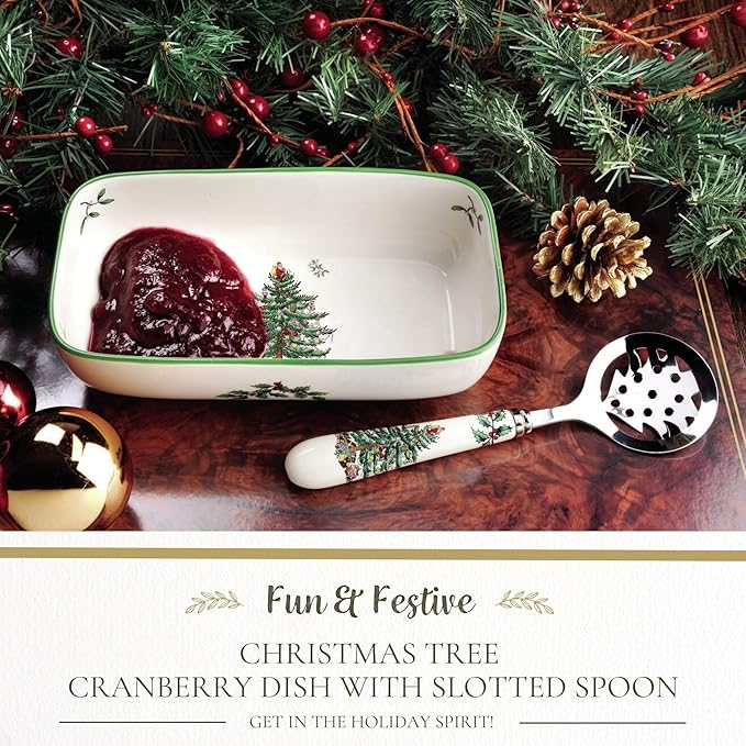 Spode Christmas Tree Cranberry Sauce Serving Dish with Slotted Spoon (8"x 4.25") - Rectangular Holiday Server with Holiday Motif - Dishwasher, Microwave, Freezer Safe Serveware for Entertaining