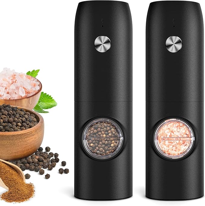 Electric Salt and Pepper Grinder Set, Rechargeable Automatic Pepper Mill Grinder with LED Light, Adjustable Coarseness shakers, One-Hand Operation for Kitchen(2 Pack,Black+Black)
