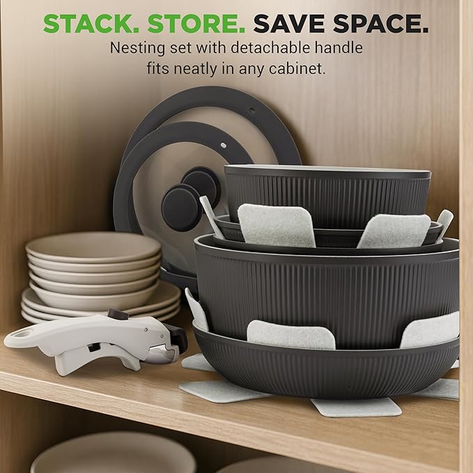 NutriChef 18-Piece Ceramic Cookware Set with Detachable Handles, Non Stick Pots and Pans, PTFE-Free Natural Ceramic Coating, Space-Saving Design, Oven & Stove Safe, Includes Utensils