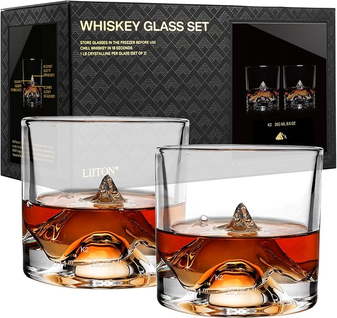 LIITON K2 Nepalese Heavy Crystal Whiskey Glasses Gift Set of 2, Thick Freezable Bourbon Glass 1lb Each, Premium Whiskey Gifts for Men, Frozen Crystal Chills Cocktails, 10 oz
