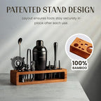 Modern Mixology 21-Piece Cocktail Shaker Set with Stand, Bartender Kit for Home Bar Accessories: 24oz Martini Shaker, Jigger, Strainer, Bar Spoon, Tongs, Opener, Muddler (Black, Brown Stand)