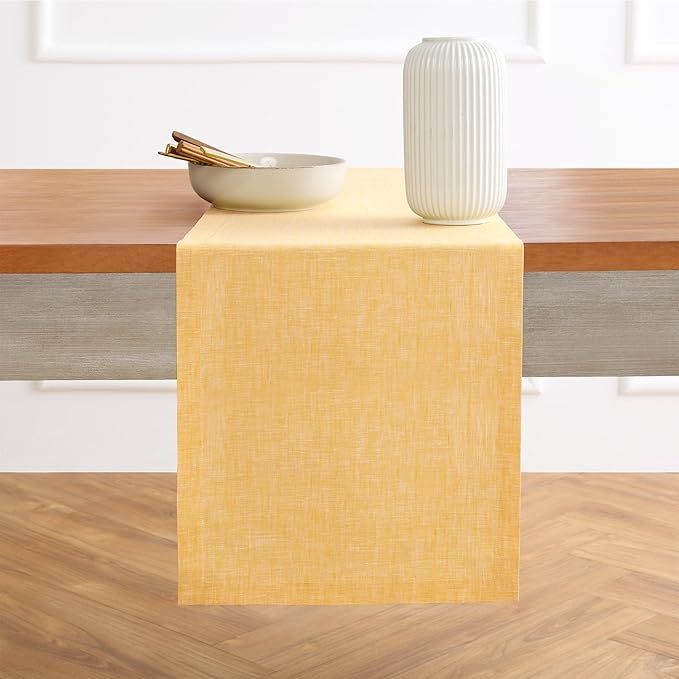Solino Home Linen Table Runner 72 Inches Long - Athena, 100% Pure Linen Chambray Mustard Yellow Table Runner 14 x 72 Inch for Dining, Summer