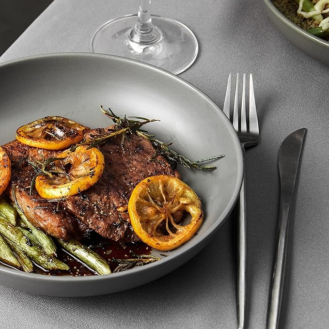 Y YHY Pasta Bowls Set of 6, Large Salad Serving Bowls, Porcelain Soup Bowls 30 Ounces, Wide and Flat, Microwave Dishwasher Safe, Matte Grey