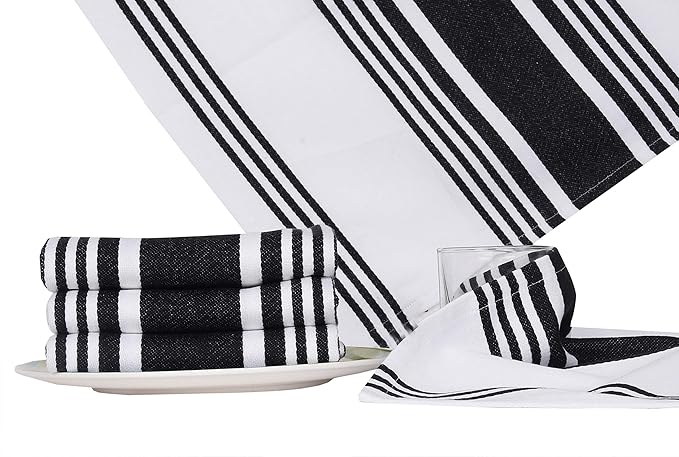 Urban Villa Kitchen Towels 100% Cotton Pack of 6, Highly Absorbent Quick Drying Super Soft Premium Dish Towels for Kitchen with Hanging Loop Hand & Tea Towels - 20x30 Inch, (Black & White, Striped)