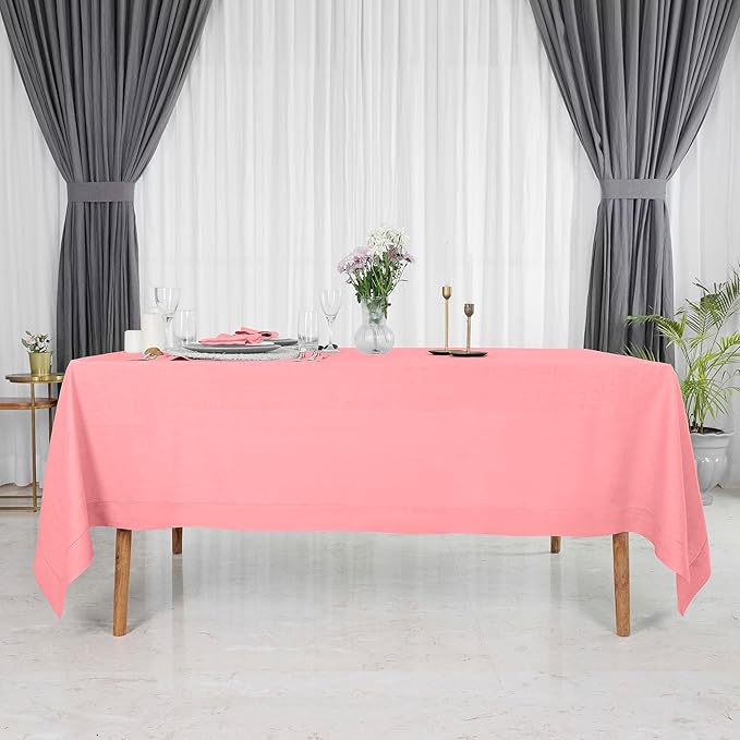 D'Moksha Homes Dusty Pink Linen Tablecloth 60 x 108 Inch - 100% Pure Linen Pink Table Cloth for Rectangle Tables - Classic Hemstitch, Machine Washable Tablecloth for Summer, Fall and Halloween