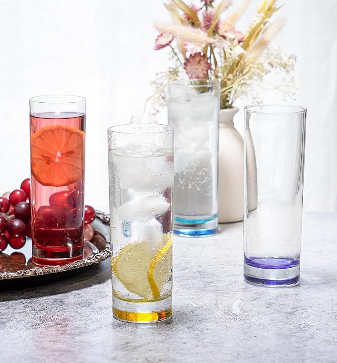 Red Co. Set of 6 Collins Slim Tall Highball 10 Fl Oz Water Beverage Glasses with Multicolor Bottoms