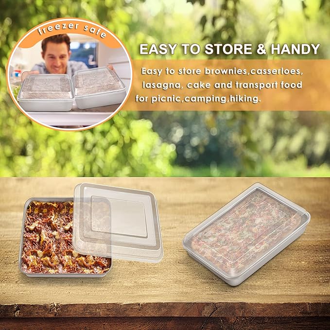 E-far Small Baking Pan with Lid, 9.4”x 7” x 2” Stainless Steel Rectangle Sheet Cake Pans for Toaster Oven, Metal Covered Bakeware for Cakes Brownies Casseroles, Non-toxic & Dishwasher Safe - Set of 2