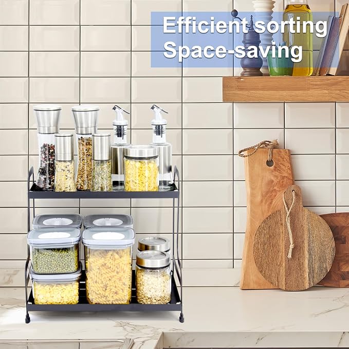 2-Tier Metal Organizer Shelf for Bathroom & Kitchen - Heavy Duty Countertop Storage, Under Sink Cosmetic & Spice Organizer with Non-Slip Base, Easy Assembly