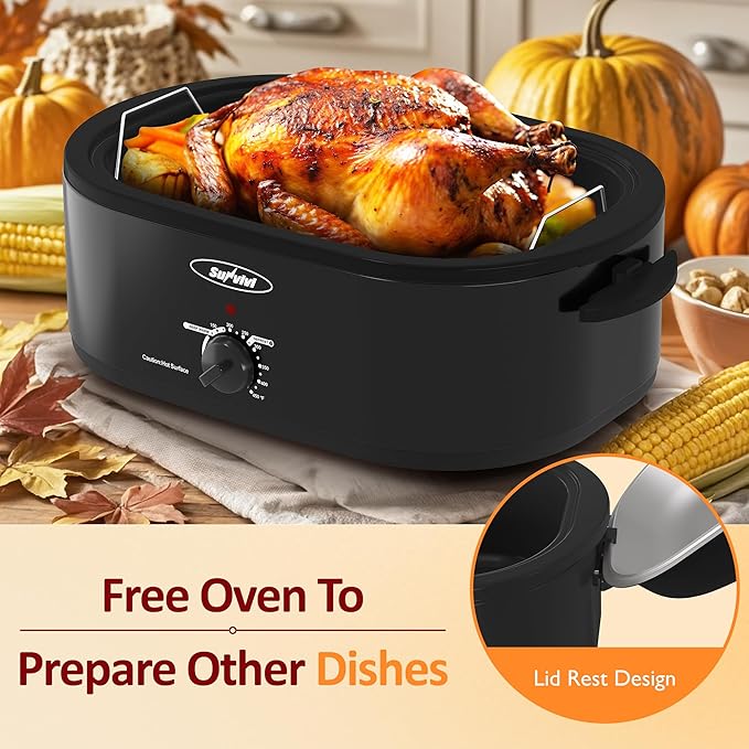 Sunvivi 18-Quart Roaster Oven with Self-Basting Lid, Electric Turkey Roaster Oven with Removable Pan and Rack, Stainless Steel, Black
