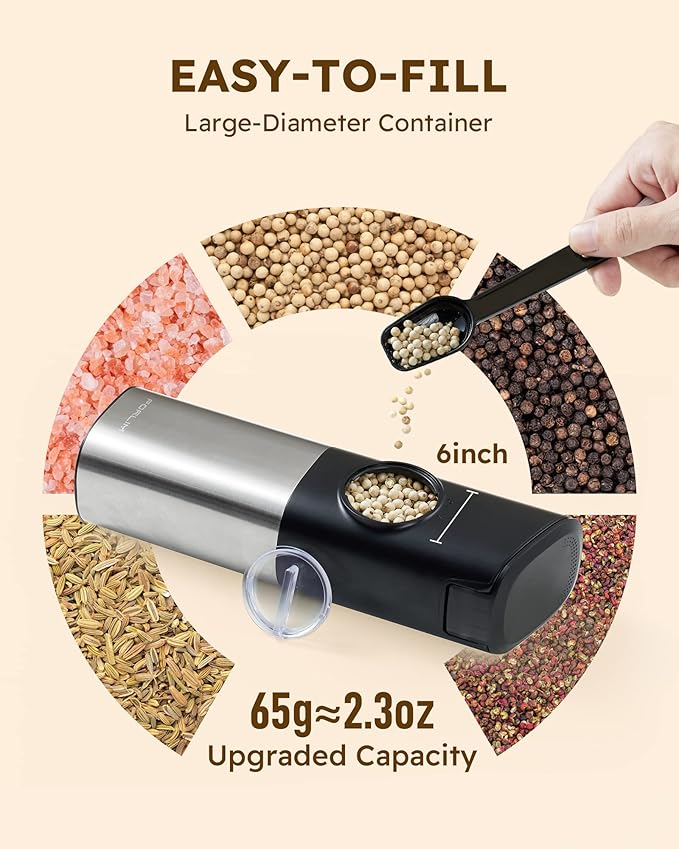 Sangcon Gravity Electric Salt and Pepper Grinder Set [Upgraded Larger Capacity] USB Rechargeable With Dual Charging Base - Automatic One Hand Operation - Adjustable Coarseness & LED Light Refillable