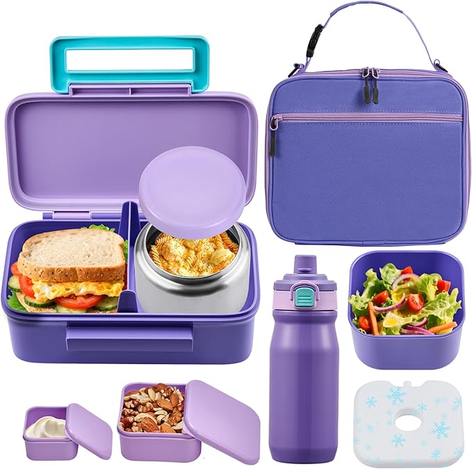Kids Lunch Bento Box with Thermo Ice Pack Food Container with Insulated Lunch Bag, Insulated Water Bottle with Straw for Girls Boys, Purple