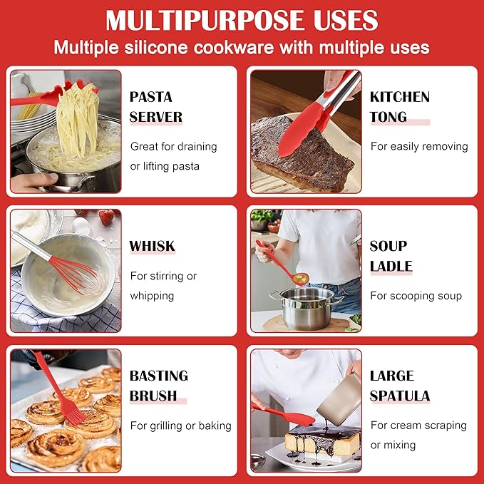 HaWare Kitchen Utensils, 14 PCS Silicone Cooking Utensils Set, Heat Resistant Kitchen Utensils for Non-stick Cookware, Kitchen Gadgets Tools with Spoons, Spatulas, Whisk, Dishwasher Safe (Red)