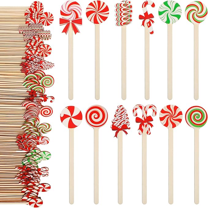 Jinei 120 Pcs Pastel Christmas Wooden Coffee Stirrers Candy Style Stir Sticks Disposable Drink Stirrers for Christmas Chocolate Milkshake Restaurant Home Office Supplies
