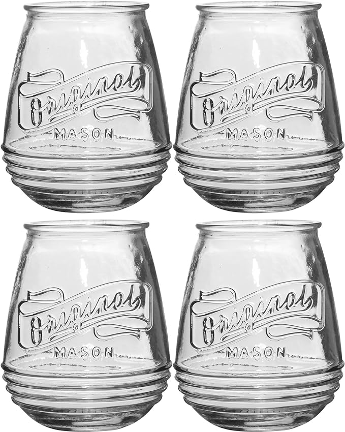 Glaver's Stemless Wine Glasses 21 Oz. Set Of 4 Original Mason Vintage Goblet Beverage Glasses Uses For Your Cocktail Lounge, Whiskey Parties, and Everyday Dinner Table. Dishwasher Safe. (Large)