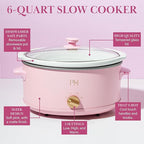 Paris Hilton 6-Quart Manual Slow Cooker, Features Three Settings (Low, High, Warm), Naturally Nonstick and Dishwasher Safe Stoneware Insert, Family Sized Capacity, Pink
