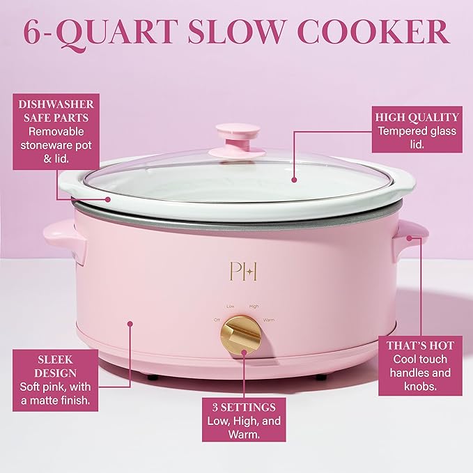 Paris Hilton 6-Quart Manual Slow Cooker, Features Three Settings (Low, High, Warm), Naturally Nonstick and Dishwasher Safe Stoneware Insert, Family Sized Capacity, Pink