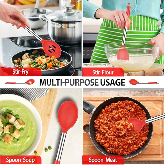 Pack of 4 Large Silicone Cooking Spatulas and Spoons, Slotted and Solid Stainless Steel Cooking Utensils Set, Non-stick Heat Resistant Kitchen for Baking, Fried, Stir-Fry, Mixing, Serving (Red)