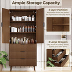 Tall Kitchen Cabinet, Pantry Cabinet with 3 Drawers 2 Doors, Storage Cabinets with Doors, Wood Cupboard with Fluted Panel Design, Tall Fluted Cabinets for Living Room, Kitchen, Walnut