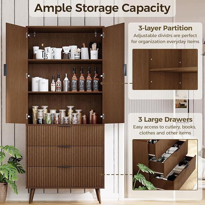 Tall Kitchen Cabinet, Pantry Cabinet with 3 Drawers 2 Doors, Storage Cabinets with Doors, Wood Cupboard with Fluted Panel Design, Tall Fluted Cabinets for Living Room, Kitchen, Walnut