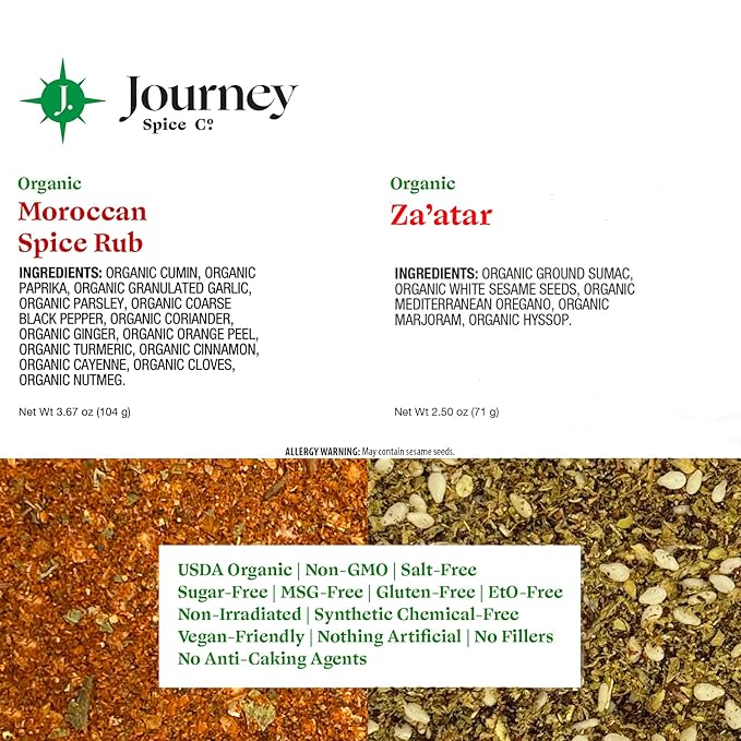 Gourmet Organic Moroccan Spice Rub & Organic Za’atar Gift Set by Journey Spice Co. | Salt-Free | Mediterranean Seasoning | Poultry, Chicken, Shawarma, Tagine, Meat & Vegetable Seasoning | Non-GMO, Natural | 6.17 oz. (total) | Resealable/Reusable Cap