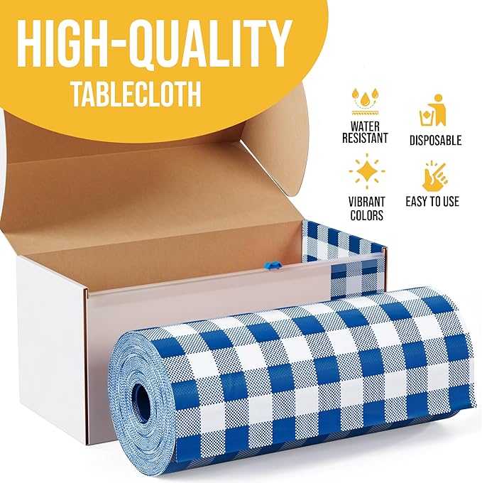 Exquisite Party Solids 54 Inch X 300 Feet Blue Gingham Plastic Table Cover Roll in A Cut - to - Size Box with Convenient Slide Cutter. Cuts Up to 36 Rectangle 8 Feet Plastic Disposable Tablecloths