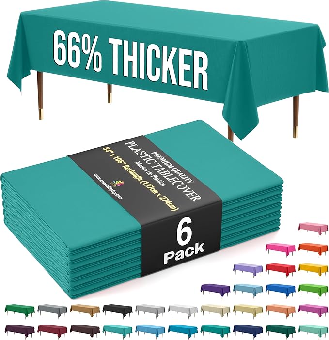 Exquisite 66% Thicker Premium Plastic Table Cloth Rectangle Table Cover 0.5 Mil 6 Pack Teal Table Cloth 54 Inch x 108 Inch Disposable Tablecloth Won't Tear Easily Like Cheap Thin Brands