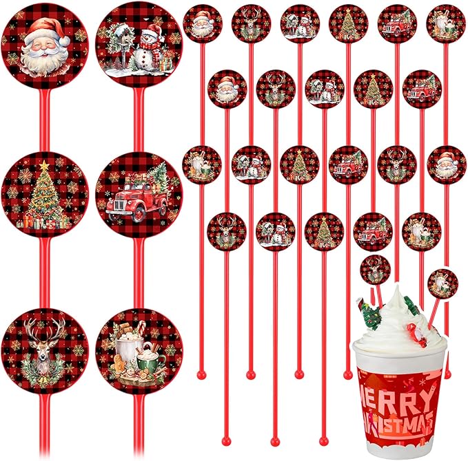 Meanplan 60pcs Christmas Swizzle Sticks Christmas Cocktail Stirrers Plastic Stir Sticks Xmas Santa Claus Snowman Decorations for Birthday Party Coffee Shop Supplies Favors Gifts(Buffalo Plaid)