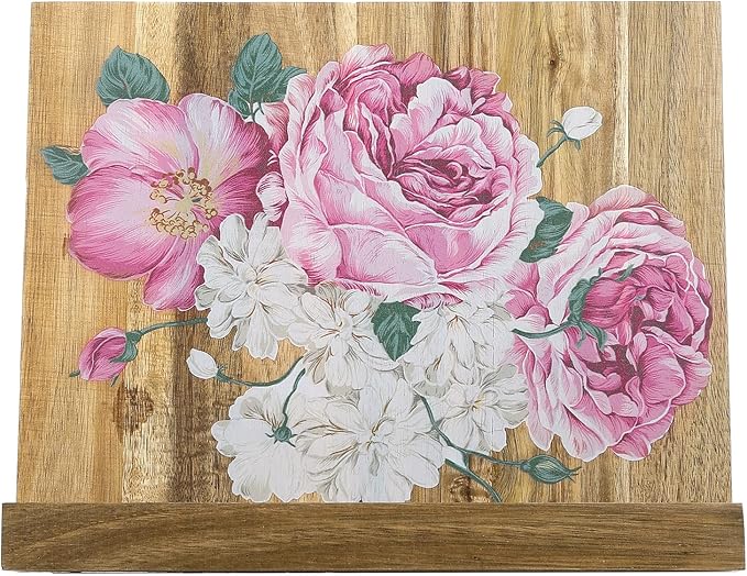 MyGift Premium Acacia Wood Cookbook Holder Stand with Hand Painted Floral Design, Kitchen Countertop Recipe Book Stand, Reading Textbook and Tablet Holder with Foldable Kickstand