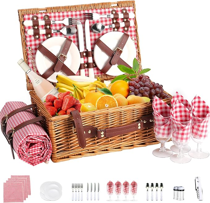 Picnic Basket Set for 4 with Waterproof Blanket Mat Insulation Bag Wicker Red Plaid Classic Vintage Gifts for Wedding Birthday Summer Camp Outdoor Camping Beach Travel Christmas Thanksgiving
