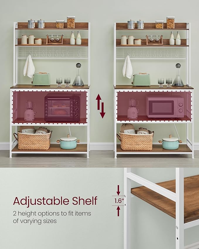VASAGLE Hutch Bakers Rack with Power Outlet, 14 Hooks Microwave Stand, Adjustable Coffee Bar with Metal Wire Panel, Kitchen Storage Shelf, 15.7 x 39.4 x 66.9 Inches, Rustic Walnut and White UKKS038W41