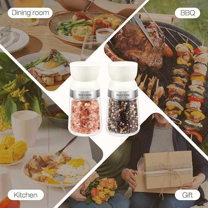 Vucchini Salt and Pepper Grinder Set with Adjustable Coarseness Ceramic Pepper Mill Manual Effortless Salt Grinder Spice Grinder for Home, Kitchen, Beige